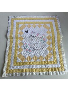 Vintage Handmade Baby Quilt Embroidered Cat Kitten Blanket Satin Yellow White